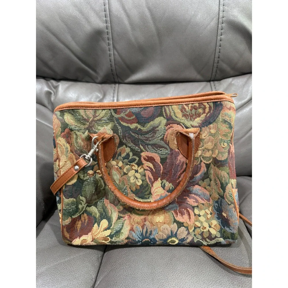 Smithsonian Institution Floral Tapestry Satchel Bag Leather Trim‎ Crossbody Tan